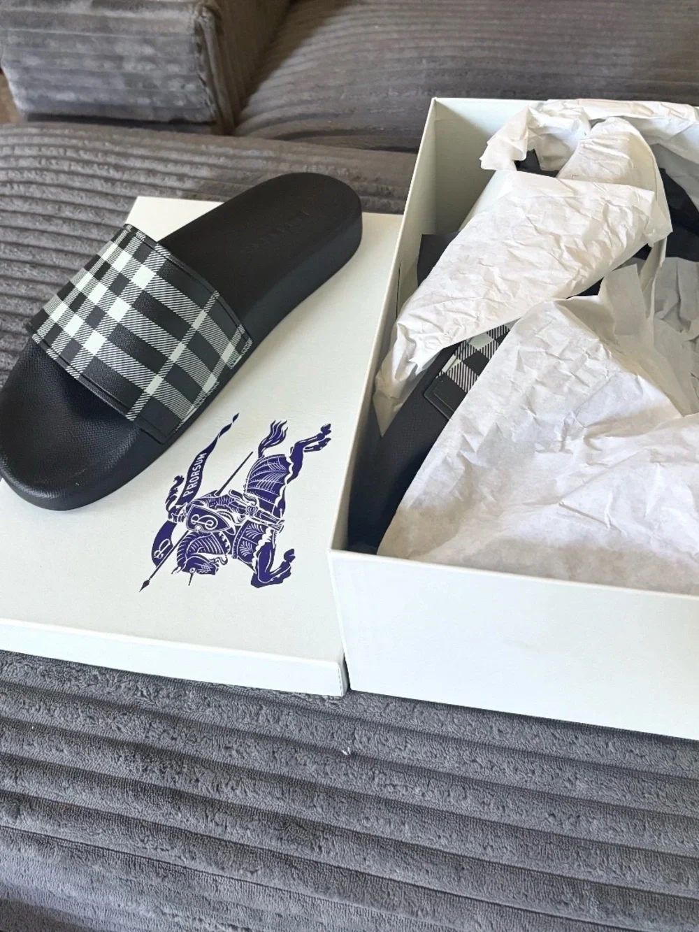 Burberry Black and White Plaid Slide Sandals